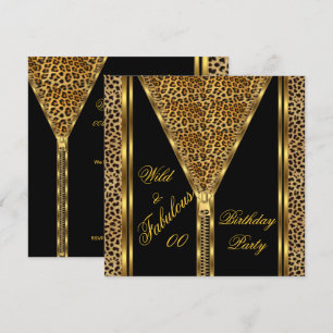 Convite Fabuloso Zíper de Aniversário Dourado Leopardo Sel