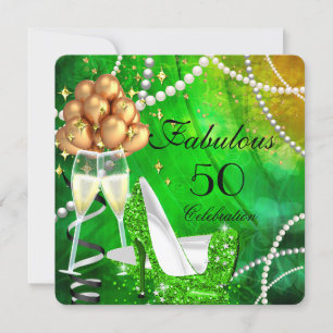 Convite Fabulosos 50 Saltos Altos Verdes Champanhe Dourado