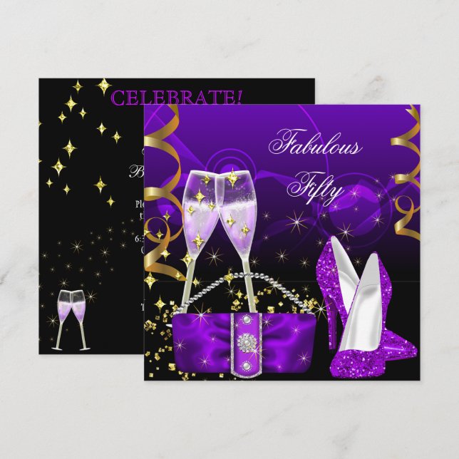 Convite Fabulosos Saltos Altos com Brilho Roxo para Festa (Frente/Verso)