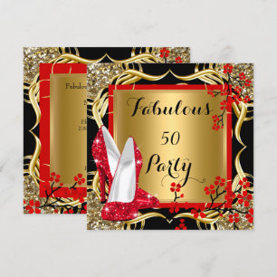 Convite Fabulous 50 Saltos Altos Vermelhos Florescem Preto