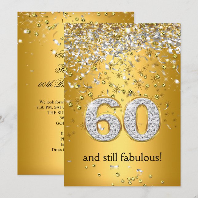 Convite Fabulous 60 Fluxo Dourado Prateado Aniversário de  (Frente/Verso)
