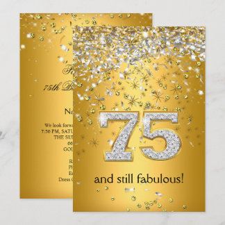 Convite Fabulous 75 Dourado e Prata Fitas para 75º Anivers