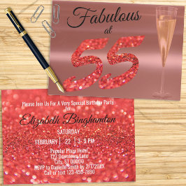 Convite Fabulous at 55 Birthday Coral Glitter Party