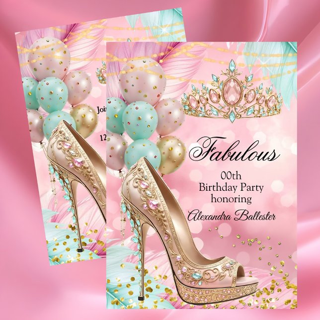 Convite Fabulous birthday Blush Pink Teal Tiara Gold Heel (Criador carregado)