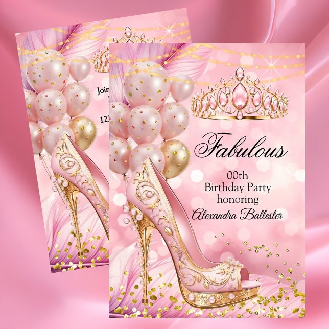 Convite Fabulous birthday Blush Pink Tiara Gold Heel (Criador carregado)