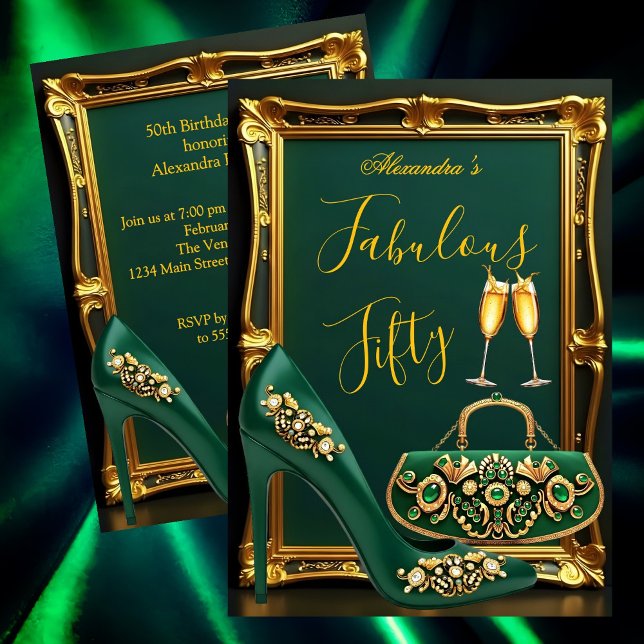 Convite Fabulous Birthday Emerald gems Heel Champagne Gold (Criador carregado)