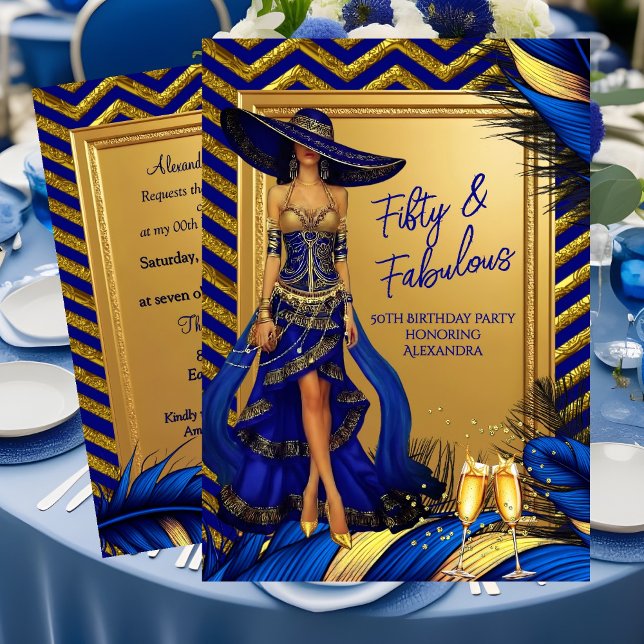 Convite Fabulous Birthday Glamor Woman Blue Gold Feathers (Criador carregado)