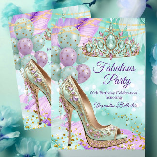 Convite Fabulous birthday Lilac Teal Tiara Gold Heel