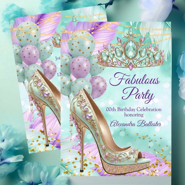 Convite Fabulous birthday Lilac Teal Tiara Gold Heel (Criador carregado)