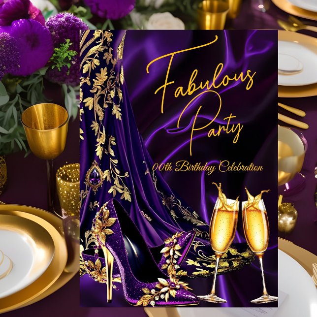 Convite Fabulous Birthday Purple Gold Heels Champagne (Criador carregado)