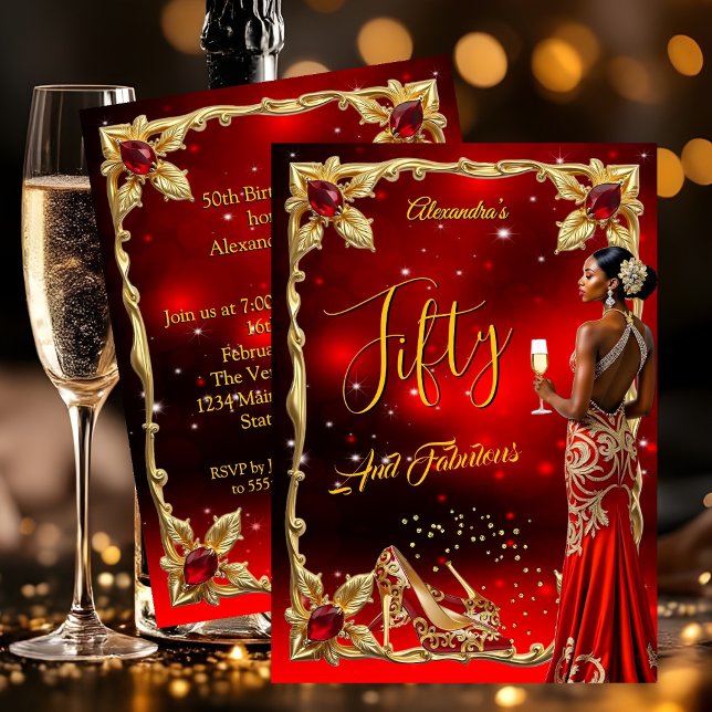 Convite Fabulous Birthday Red Dress Gold High Heels Ethnic (Criador carregado)