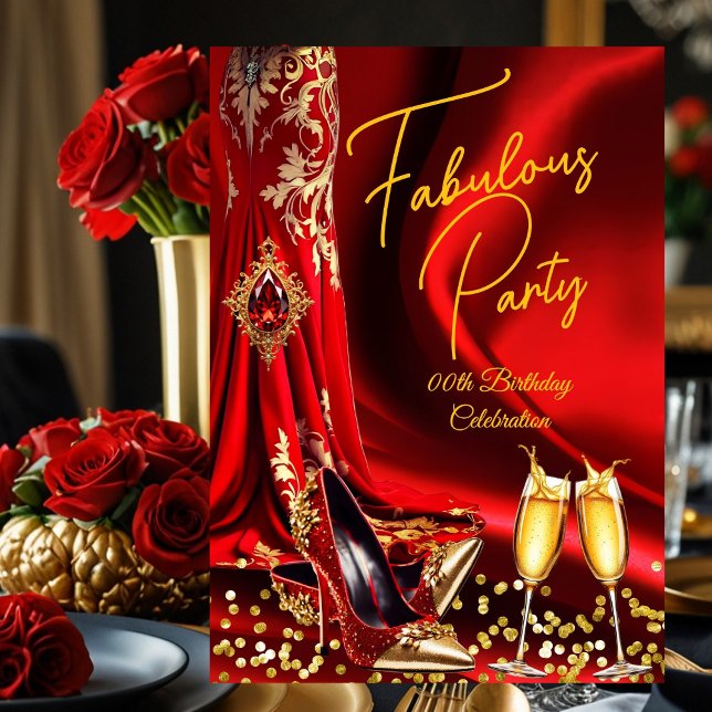 Convite Fabulous Birthday Red Gold Heels Champagne (Criador carregado)