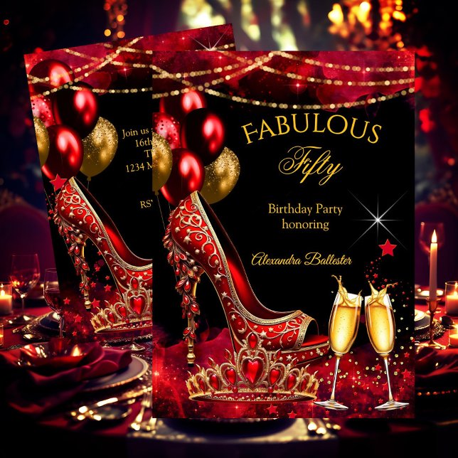 Convite Fabulous Champagne birthday party Red Gold Heel (Criador carregado)