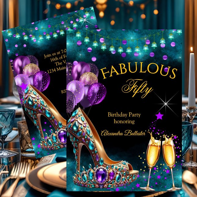 Convite Fabulous Champagne birthday Purple Teal Gold Heel (Criador carregado)
