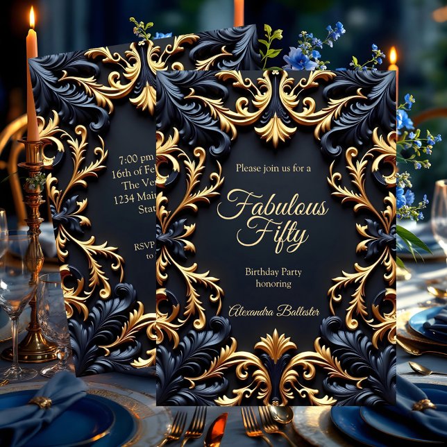 Convite Fabulous Elegant Birthday Party Gold Blue Black (Criador carregado)