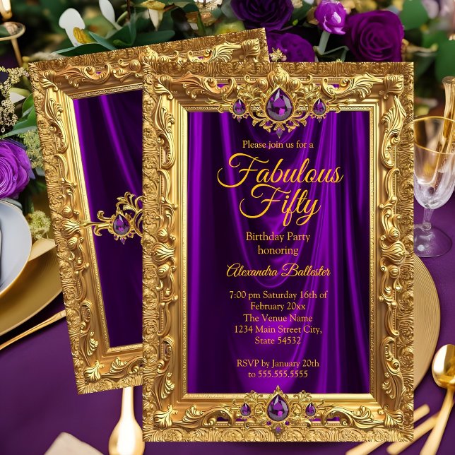 Convite Fabulous Elegant Birthday Party Purple Gold Jewels (Criador carregado)
