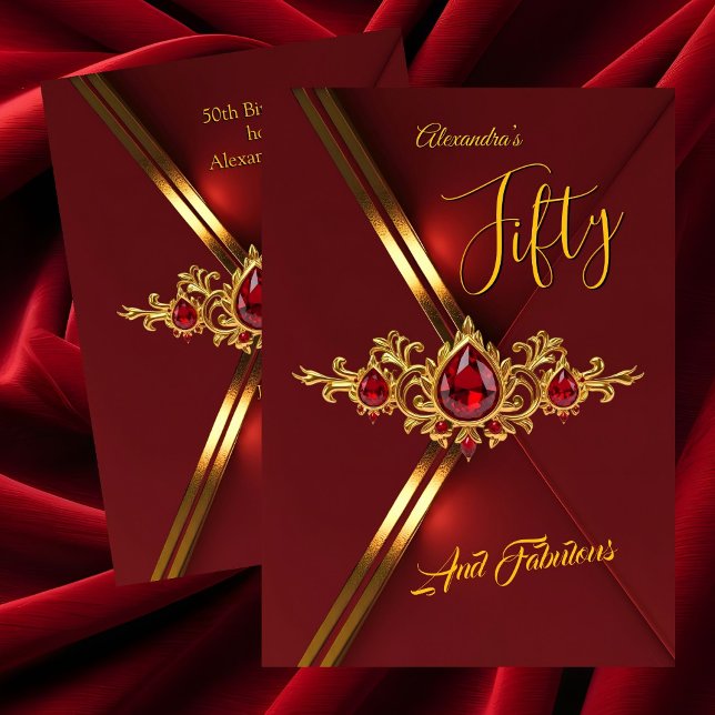 Convite Fabulous Fifty Birthday Party Red Gold Gems (Criador carregado)