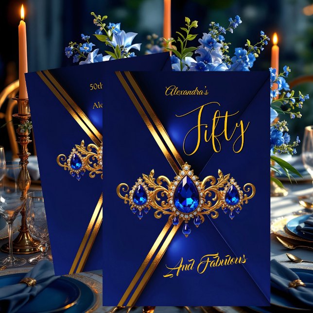 Convite Fabulous Fifty Birthday Royal Blue Gold Gems (Criador carregado)