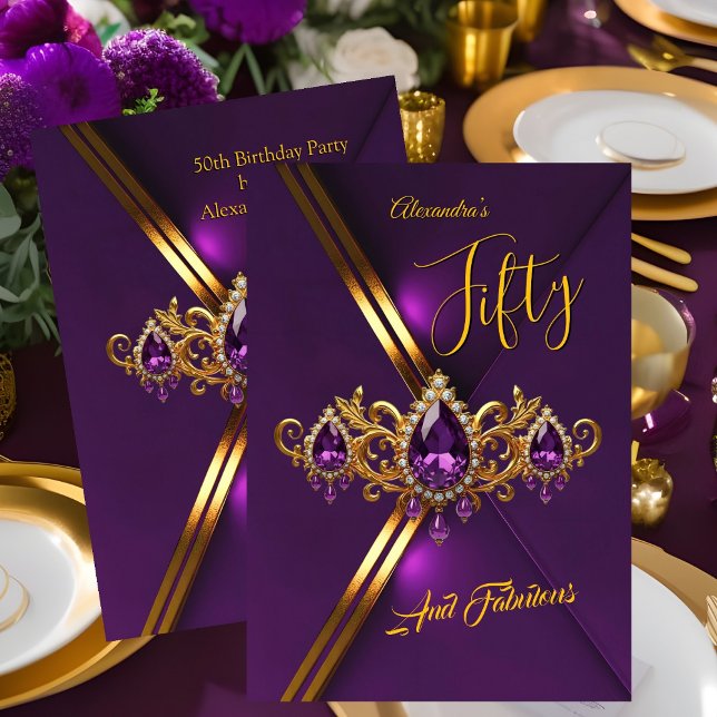 Convite Fabulous Fifty Birthday Royal Purple Gold Gems (Criador carregado)