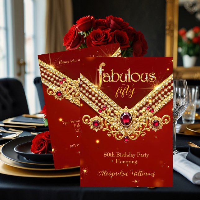 Convite Fabulous Red Gold Diamonds Elegant Birthday Party (Criador carregado)