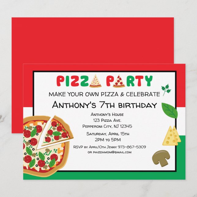 Convite Faça sua própria Festa de aniversário de pizza (Frente/Verso)