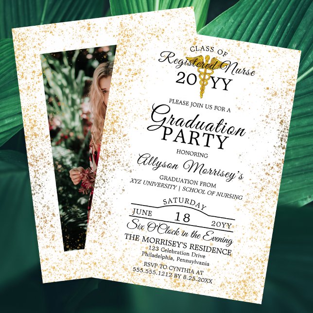 Convite Faculdade de Enfermagem de Fotografias Douradas |  (Faux Gold Flecks Photo Nursing School | Medical Graduation Party Invitation - Print | Digital)
