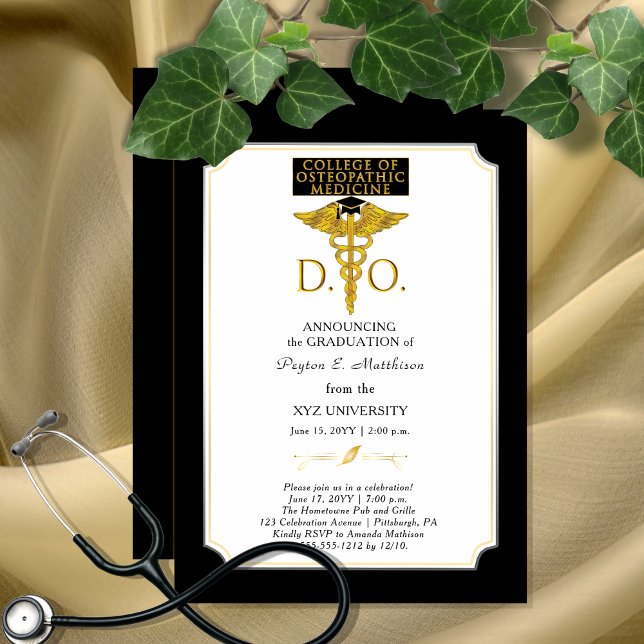 Convite Faculdade de Medicina Osteopática DO Formando Médi (Elegant College of Osteopathic Medicine "D.O." Physician Graduation Invitation - Print | Download)