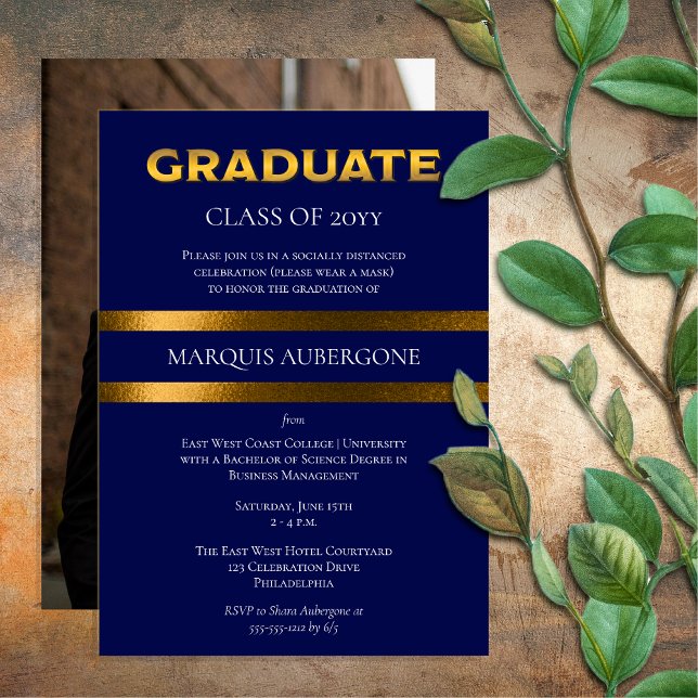 Convite Faculdade Sleek | Azul Univ | FESTA DE FORMATURA D (Sleek College or University Blue | Gold Tone Graduation Announcement and Party Invite Print Digital)