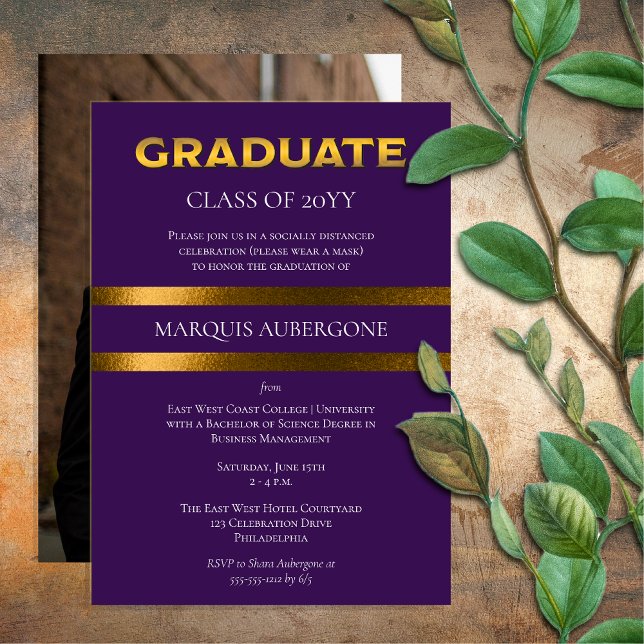Convite Faculdade Sleek | Univ Roxo| Festa de formatura Do (Sleek College or University Purple | Gold Graduation Announcement and Party Invitation Print Digital)