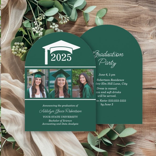 Convite Faculdade Universidade Verde 3 Foto Arco de Gradua (Green 3-photo arch-shaped graduation party invitation)