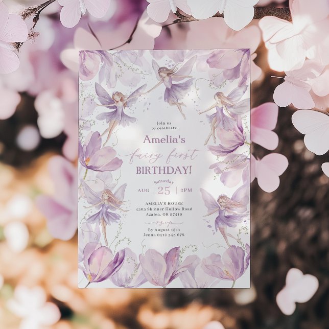 Convite Fada 1º Aniversário Meninas Festa de Fadas Roxa  (Fairy First Purple Birthday Invitation)