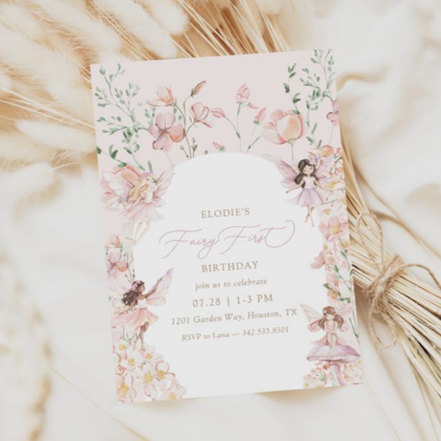 Convite Fada 1rua Pink Floral Girls Aniversário (Criador carregado)