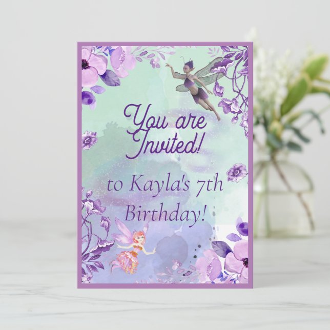 Convite Fada 7 Birthday Watercolor (Em pé/Frente)