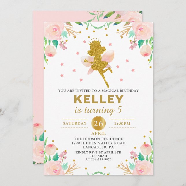 Convite Fada Aniversário Festa de Garota Floral Rosa (Frente/Verso)