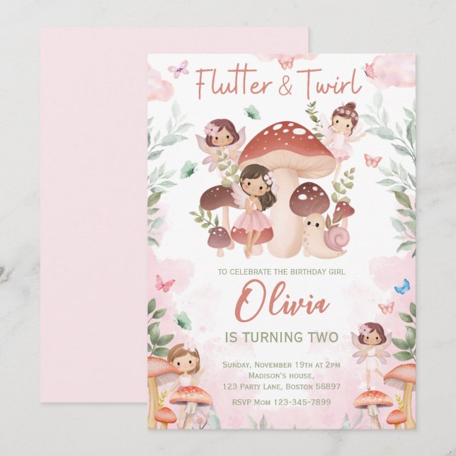 Convite Fada Aniversário, Floresta de Jardim Whimsso Encan (Frente/Verso)