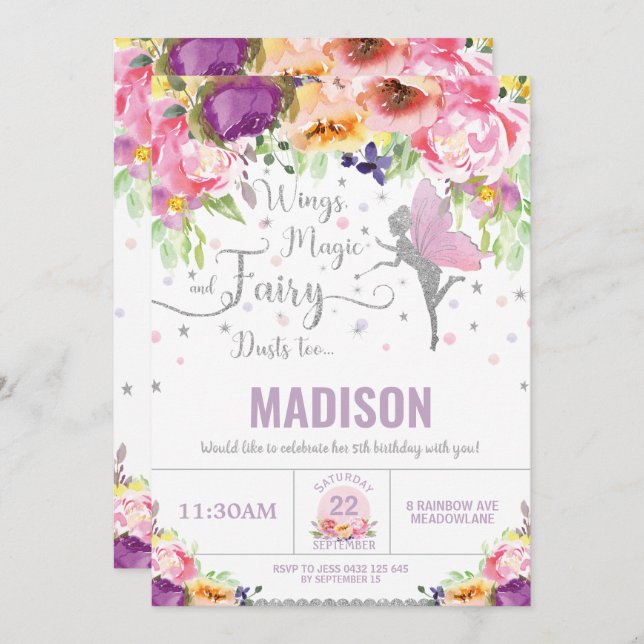 Convite Fada Aniversário Roxo Prata Floral (Frente/Verso)