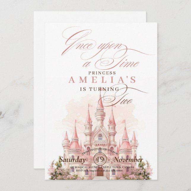 Convite Fada Castle Princess Pink Girl Festa de aniversári (Frente/Verso)