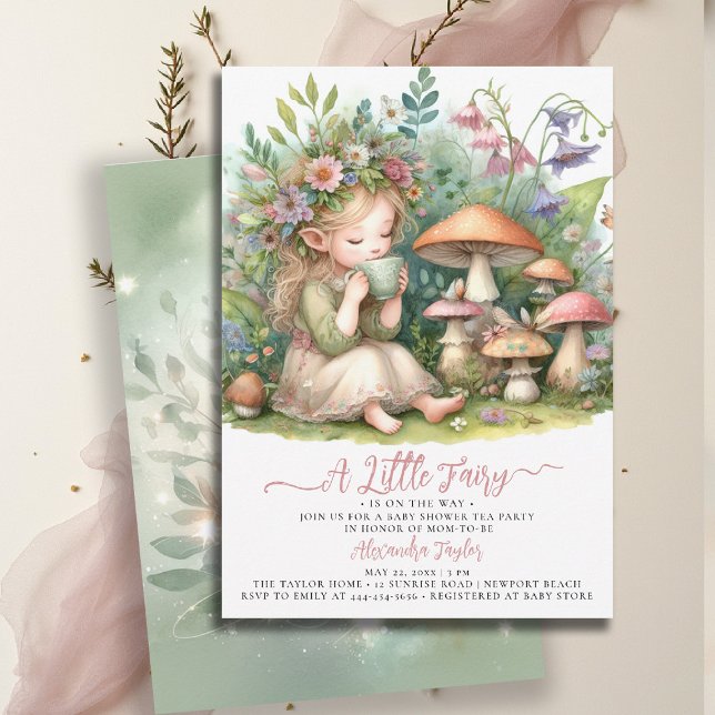 Convite Fada Chá Flores Selvagens Cogumelos Chá (enchanted garden baby shower invitation tea party fairytale fairy greenery woodland mushrooms)