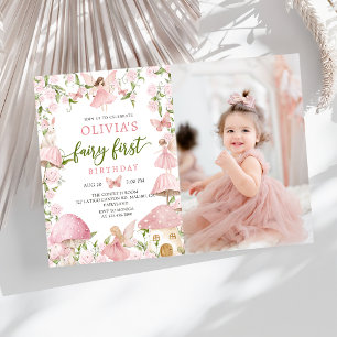 Convite Fada da Floresta Mágica Rosa Aniversário de Um Ano