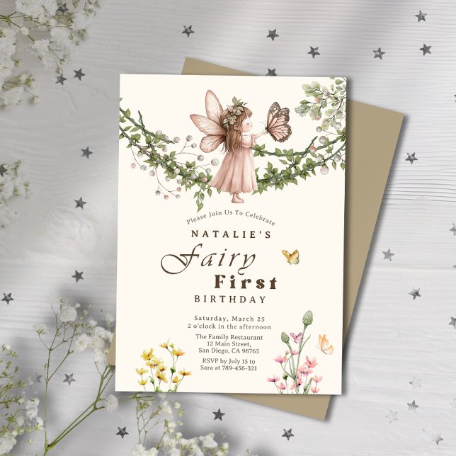 Convite Fada de Borboleta de Flor Selvagem Mágica Primeiro (Magical Wildflower Butterfly Fairy First Birthday Invitation)