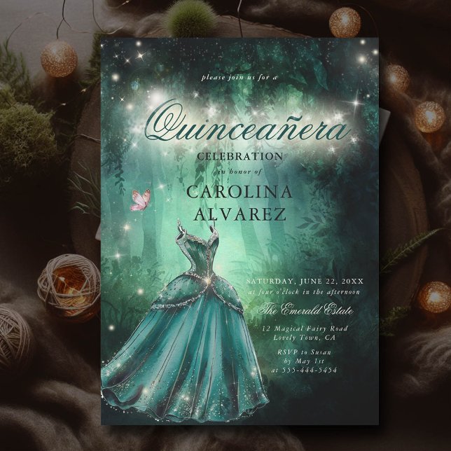 Convite Fada de Fada Encantada Princesa Quinceanera (enchanted forest quinceanera invitation fairy tale emerald princess dress butterfly sparkle glitter)