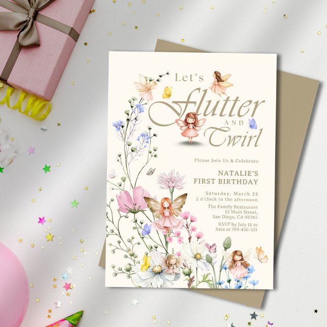 Convite Fada de Flauta e Twirl (Flutter & Twirl Forest Fairy Girl's First Birthday Invitation)