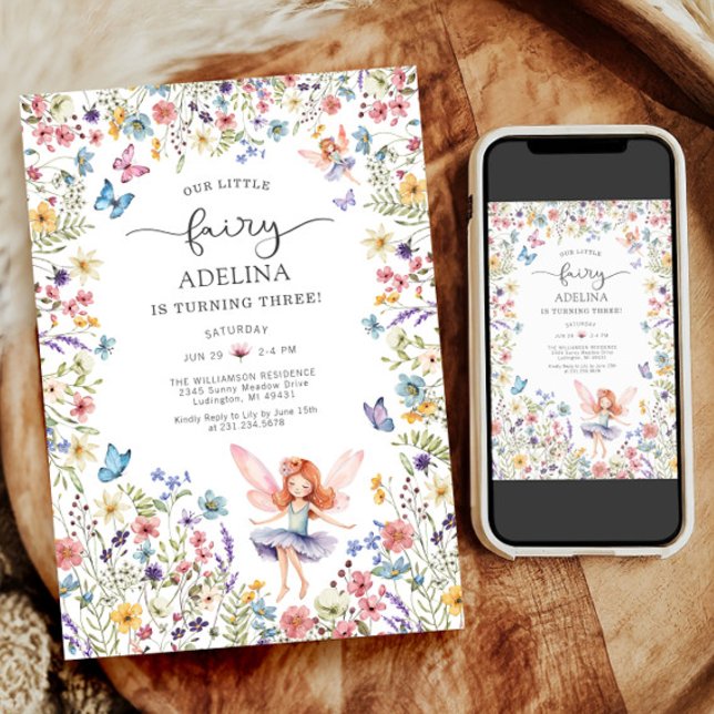 Convite Fada de Flor Selvagem aniversário de 3 anos Convit (Wildflower Fairy Butterfly 3rd Birthday Invitation)