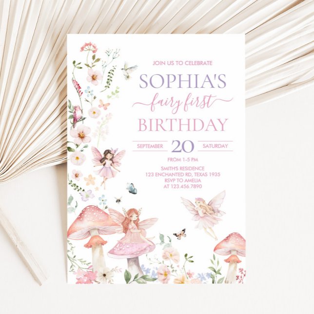 Convite Fada de Flor Selvagem Floral Primeira Festa de ani (Floral Fairy First Birthday Party Invitation)