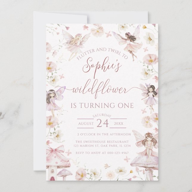 Convite Fada de Flor Selvagem - Primeiro primeiro aniversa (Frente)