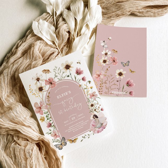 Convite Fada de Flor Selvagem Rosa Primeira Festa de Jardi (Criador carregado)