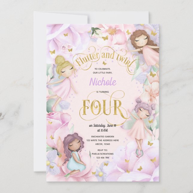 Convite Fada de jardim entonada, convidada de aniversário  (Frente)