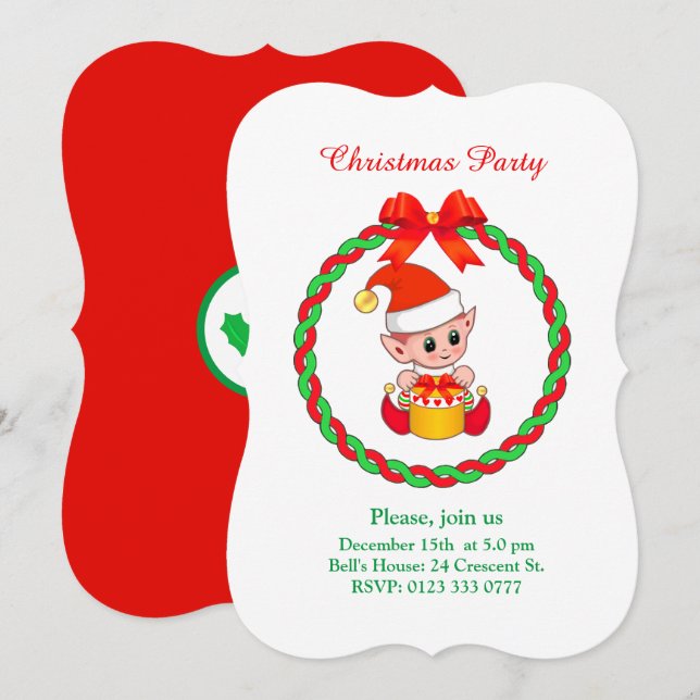Convite Fada de Natal Fofo em Branco Verde e Vermelho (Frente/Verso)