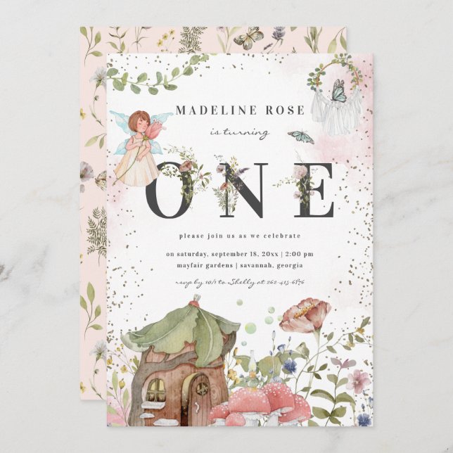 Convite Fada de primeiro aniversario de Fada de Floral Mag (Frente/Verso)