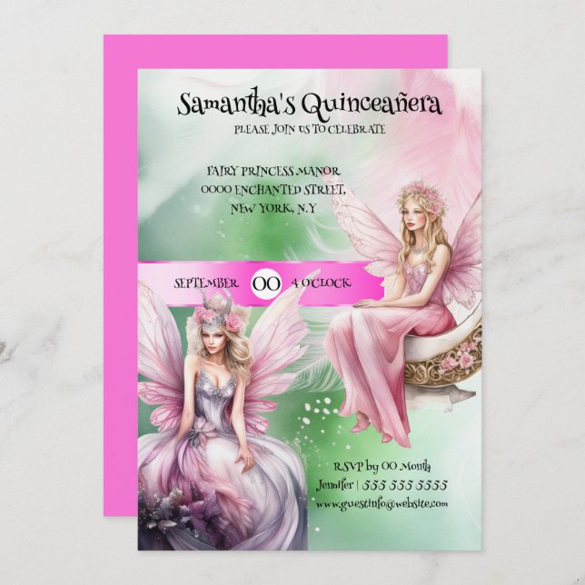 Convite Fada de Quinceañera tema da princesa verde rosa (Frente/Verso)
